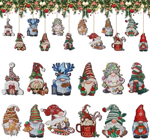 24 Piezas Adornos De Navidad,Decoración Arbol De Navidad | Colgantes Navideños con 12 Diseños De Papá Noel Y Enanos | Incluye Cuerda para Colgar, Decoración Clásica Rojo Y Verde