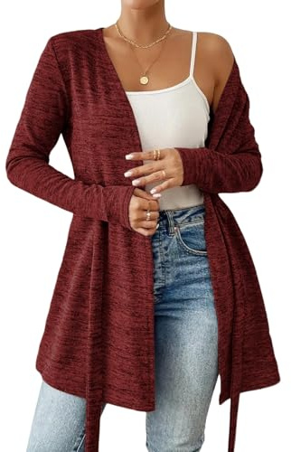 LIUYUYOUGO Cardigan Femme Cardigans Longs pour Femmes Ceinture À Nouer Pull Léger À Manches Longues Ouvert sur Le Devant Pull Long en Tricot Habillé Décontracté Couleur Unie Veste De Transitio