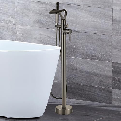 BiaoTeng Grifo de Pie para Bañera Exenta Monomando Giratorio de 360° agua Fría y Caliente Grifo de Bañera con Ducha de Mano con Cascada Laton Gris