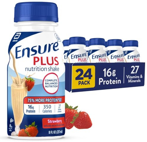 Ensure Plus Strawberry Nutrition Shake | Meal Replacement Shake | Ready To Drink | 16g Protein and 27 Vitamins and Minerals | 8 fl oz - 24 Pack