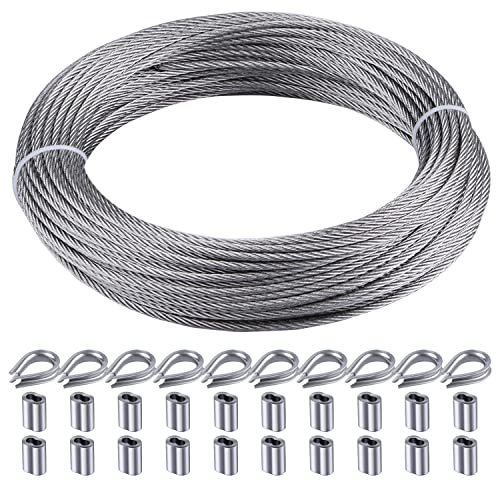 Rectoo 1/8 wire cable, 100ft Wire Rope Metal Cable With Loop Sleeve And Steel Thimble, 7x7 marine stainless steel Strand Core Perfect For Deck Railing System, Outdoor hanging kit, garden fence (SR03)
