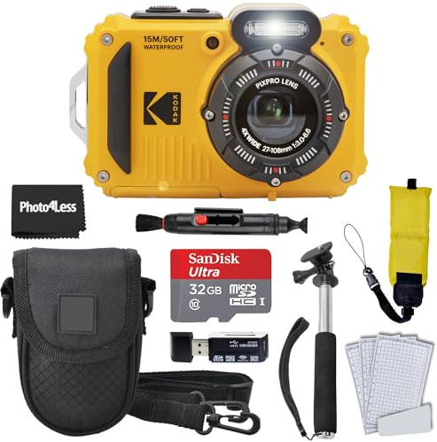 Kodak PIXPRO WPZ2 Rugged Waterproof Shockproof Digital Camera 16MP 4X Optical Zoom 1080P Full HD Video, 2.7 LCD (Yellow), 32GB SD Card, Black Compact Case, Floating Strap, Bundle (7 Items)