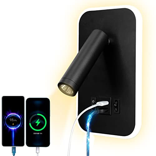 uksunvi LED Lampada da Lettura USB Tipo-C Due Interruttore di Bocca di Carica Regolabile 12W LED Spotlight 3000K Lampada Da Parete In Alluminio Lampada Da Letto Rotabile (Nero rettangolare)
