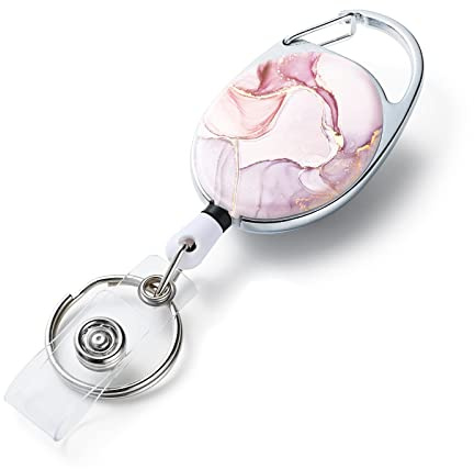 IOSPKKIO® Indragbara märkesrullar, rosa marmor, infällbar ID-hållare med dubbelsidigt färgtrycksmönster, med infällbar nyckelring