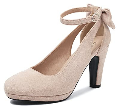 elerhythm Donne Mary Jane Tacchi con Arco Retro Chiuso Punta Rotonda Scamosciata Cinturino alla Caviglia Pumps Gatsby Vintage Scarpe (Nude EU38)