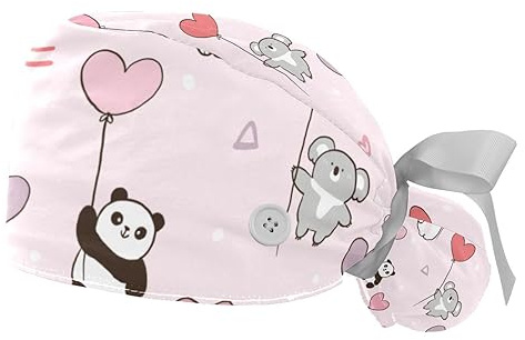 Women Working Cap with Buttons Bouffant Hat Cute Cartoon Bear Koala Panda and Balloon Nurse Scrub Caps Long Hair