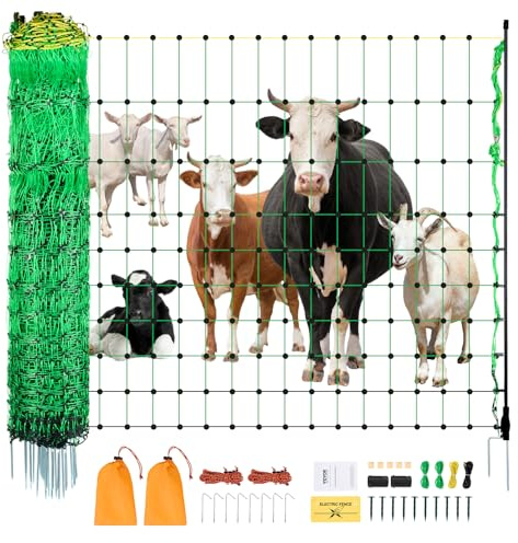 VEVOR Kit de red para cerca eléctrica cerca de red de PE de 0,88 x 49,98 m con postes de estaca de doble púa malla utilitaria portátil para cabras, ovejas, corderos, ciervos, cerdos, perros, granjas
