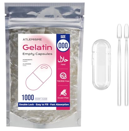 ATLEMISME Capsules Vides en Gélatine - Taille 000, Lot de 1000 - Qualité Premium, Dissolution Rapide, Idéales pour Suppléments Alimentaires en Poudre