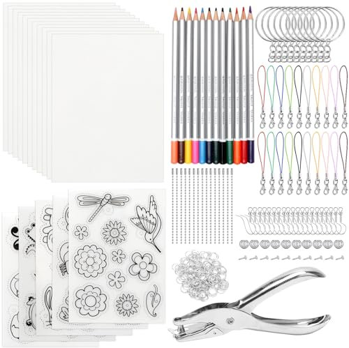 Qiciqinoone Schrumpffolie, 208 Stück Schrumpffolie Set, Schrumpffolie zum Basteln mit A4 Schrumpfpapier, Schlüsselanhänger, Buntstifte, Locher, Bastelset Basteln Weihnachten Geschenke für Kinder