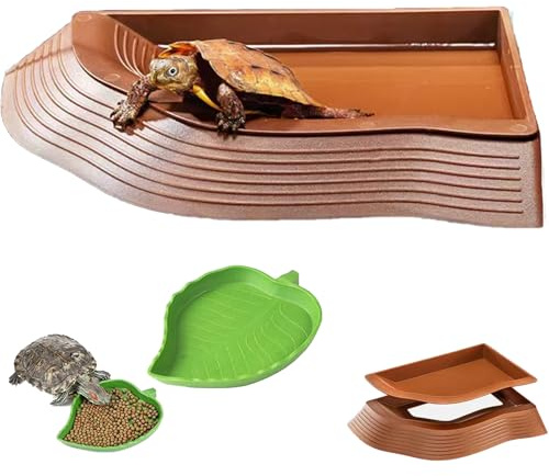 3PCS Tortoise Water Bowls with Ramp Leaf Tortoise Food Dish Reptile Food Water Bowls Reptile Bathing Pool Aquarium Ornament for Gecko, Snake, Turtle, Bearded Dragon, Lizard Small
