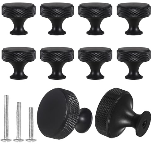 WUISOLQP 10 Pack Black Cabinet Knobs, Round Knurled Solid Drawer Cupboard Knobs, Metal Furniture Kitchen Cabinet Handles Pulls with 30 Screws for Dresser Wardrobe Bathroom Cupboard