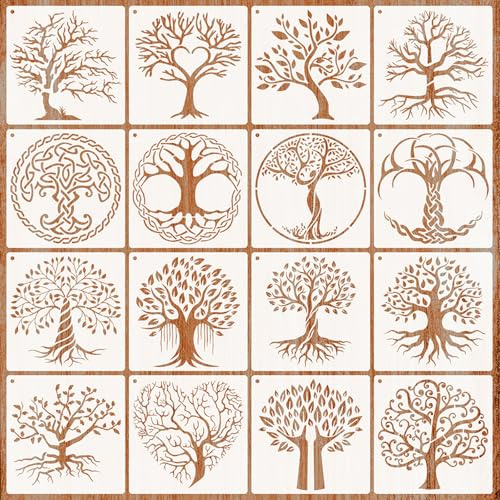 JSTHHTT 16 Pezzi a Forma di Albero Della Vita Stencil, Stencil di Pittura, Stencil in Plastica Riutilizzabili, Disegno Pittura Stencil Set, per per pareti,Tegola,Tela,Pavimento,Rocce e Legno