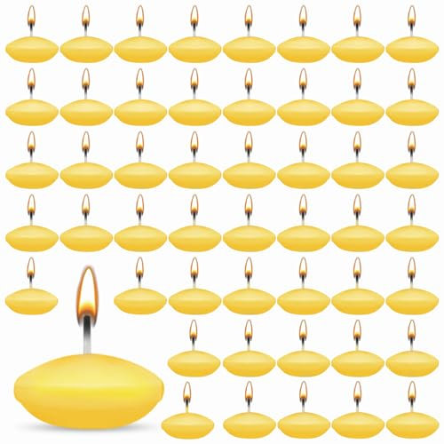 ZITUZY 50 candele galleggianti rotonde da 3,8 cm, non profumate, per piscina nuziale, piscina di San Valentino, cene, decorazioni natalizie (giallo)