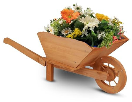 PaMeer Wheelbarrow Planter Large Wooden Garden Planter Outdoor Garden Planters Wheel barrow Planters for Flowers & Plants Decorative Raised Flower Pot for Patio Yard Balcony Easy Assembly (Brown)