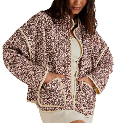 Chaqueta corta acolchada con estampado floral para mujer, chaqueta acolchada con frente abierto, chaqueta corta ligera de moda, rojo vino, L