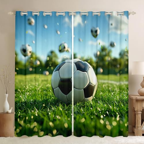 Manfei 3D Football Kids Blackout Curtain,Soccer Field Ball Sports Games Window Drapes for Boys Girls,Geometric Honeycomb Hexagon Patch Green Window Treatments Grommet Top 2 Panel Set,52Wx84L inch