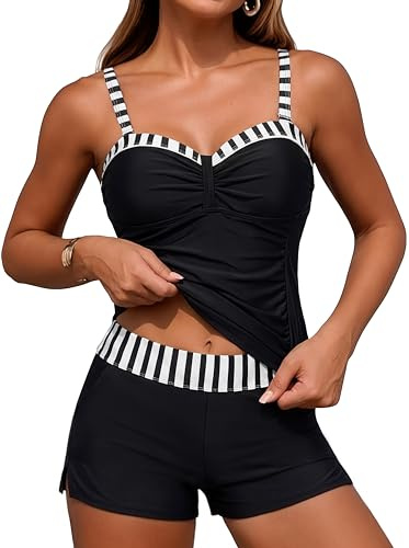 Daci Black Women's Underwire Tankini Swimsuit - Two Piece Tummy Control Bathing Suits with Pockets Shorts Push Up Swimwear 2026 L