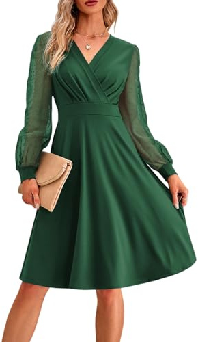 MAYFASEY Women's Long Sleeve Dress V Neck A Line High Waist Midi Dresses Casual Loose Swing Knee Length Dress, Dark Green, S