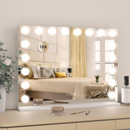 YU YUSING Espejo de Maquillaje Hollywood con 18 Bombillas, 80 x 60 cm, Espejo de Tocador, Pantalla de Tiempo y Temperatura, 3 Colores Regulables, Puerto USB, Tipo C, Aumento de 10x, Montaje en Pared