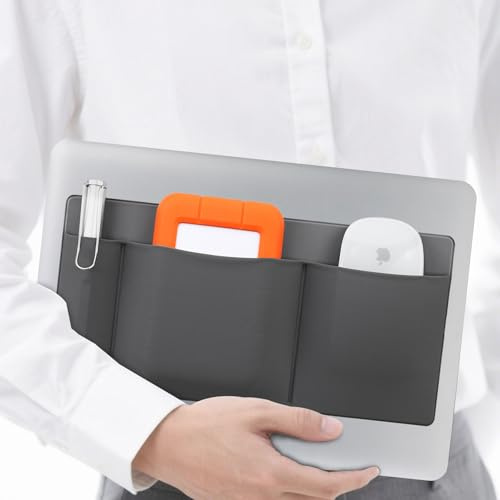 Lacdo 3-Pocket Mouse Holder for Laptop Stick on, External Hard Drive SSD Holder for Laptop, Stick on Pouch Organizer Adhesive Pocket Storage Sleeve for Mouse/HDD/SSD/Cables Accessories, Gray