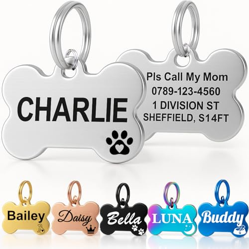 Personalised Dog Tags for Pets UK Prime, Deep Engraved Cat Dog Name ID Tags, Stainless Steel Pet Tag for Doggy Kitten Kitty Puppy, Scratch Resistant Tag (Silver Bone, S)