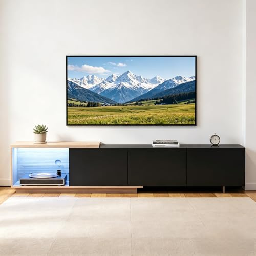Mobile TV allungabile con LED, mobili TV scandinavi, 163-240 cm, lunghezza con 3 cassetti e spazio aperto, armadio basso moderno in legno, panca TV tavolo per soggiorno o camera da letto, 240x38x44
