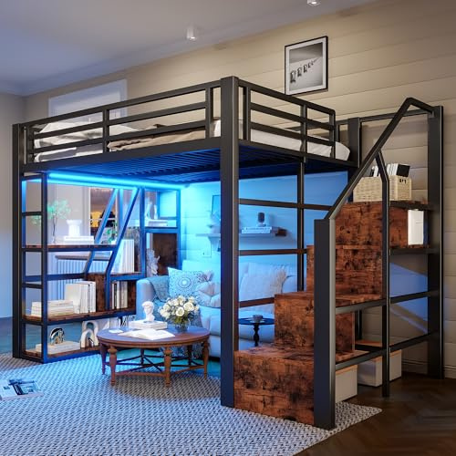 KecDuey Cama alta de 140 x 200 cm, cama de metal, marco de hierro, compartimento de almacenamiento, escalones integrados, barandilla de protección, escalera, con barra de luz LED, espacio abierto