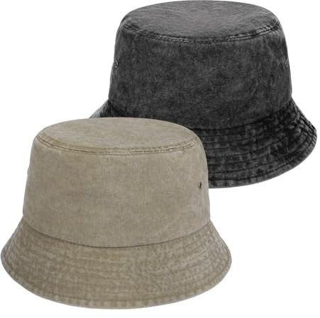 ViEinkaufen 2 Pcs Bucket Hat, Cotton Sun Hats for Men | Wide Brim Summer Bucket Hat Fisherman Hats Washed Denim Flat Top Cap for Fishing Hiking Beach Camping Travelling Sports