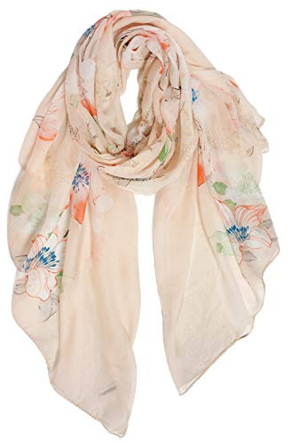 GERINLY Scarves for Women Bright Florals Fashion Head Scarf Cotton Wraps and Shawls with Botanical (Beige)