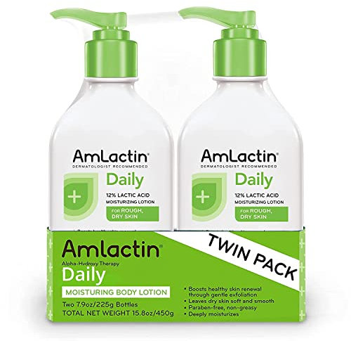 AmLactin Daily Moisturizing Lotion for Dry Skin, 224.0 g Pump Bottles (Twin Pack), 2-in-1 Exfoliator-Body Lotion with 12% Lactic Acid, Dermatologen Recommended (Packaging May Variy)