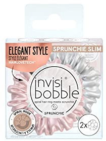Invisibobble Rosa och silver satin hårsnoddar x2 Sprunchie Slim - Scrunchie hår elastiskt med en spiralelastisk insida satin