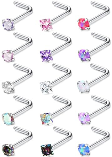 MILACOLATO Hypoallergenic Nose Rings for Women Men - 15Pcs 316L Surgical Stainless Steel Nose Rings Studs L Shaped Studs Rings Cubic Zirconia Labret Lip Nose Nostril Piercing Jewelry 20G