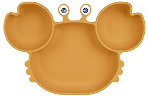 Vicloon Baby Teller, Silikon Babygeschirr Rutschfest mit Saugnäpfen,BPA-Frei, Kinderteller Abwaschbar für Spülmaschine, Kinderteller für Baby Kleinkind und Kinder (braun-Krabbe