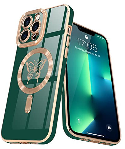 Lafunda Magnetisch Hülle für iPhone 13 pro max Handyhülle Schutzhülle Kamera-Vorsprung Case Schmetterling Vergoldung Glitzer Mädchen Stoßfest Cover für iPhone 13 pro max Dunkelgrün