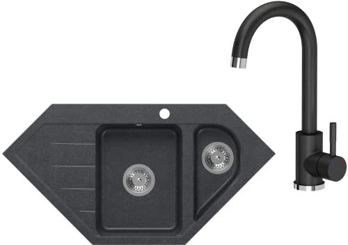 VBChome Eckspülbecken mit Armatur 95x49 cm Schwarz Granit 1,5 Becken 1,5 Abtropffläche Küche Einbauspüle Küchenspüle Gesprenkelt Spülbecken Siphon Armatur