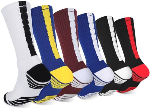Finerview Elite Basketballsocken, Strümpfe, 6 Paar, Premium Mid Calf Athletic Socken für Erwachsene & Jugendliche, Gemischt, 6er-Pack, Large