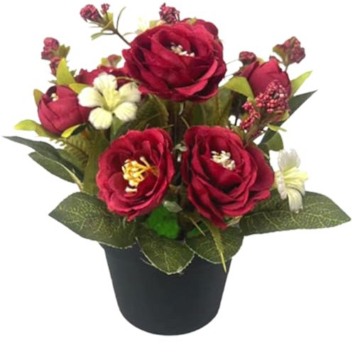 CUCUFA Flores Artificiales para tumbas, Rosas Artificiales en Maceta Ramo funerario de Seda Realista Flores Artificiales para Cementerio y funerales Decoraciones funerarias, Rojo