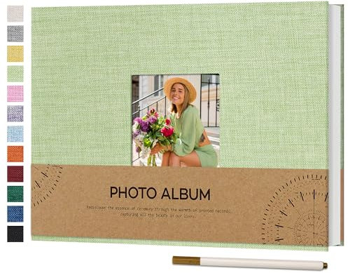 Vienrose Fotoalbum Selbstklebend Einkleben 10x15 Klein Leinen Photo Album mit 60 Weißen Seiten, Hochzeit Jahrestag Geburtstag Fotoalben mit Einem Kugelschreiber, 21,5x30cm, Grasgrün