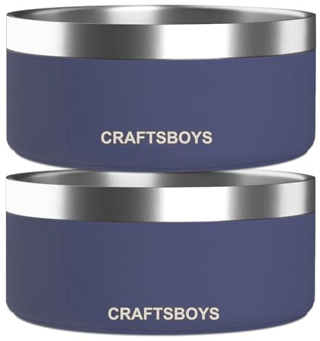 Craftsboys Dog Bowl, Dog Food Water Bowl with Non-Slip Rubber Base, Stainless Steel, Double Wall Small Medium Large Dogs, 32oz, Pack of 2 (Blue)