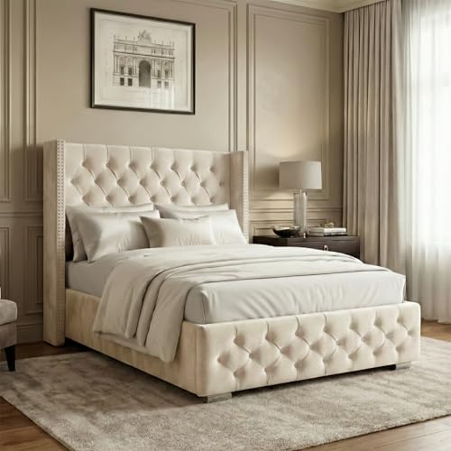 Blisswood Ottoman Bed Frame, 4ft Small Double Bed Frames, Wooden Slats Stylish And Space Saving Bed Frame, Velvet Fabric Storage Bed (4ft Small Double, Beige, No Mattress)