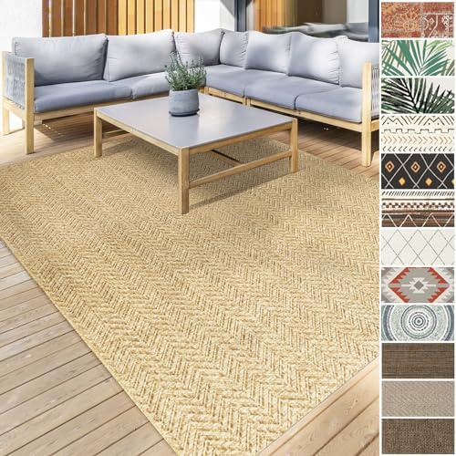 Floordirekt Outdoor Teppich wetterfest & UV beständig für Terrasse, Balkon, Küchenläufer, Flurläufer & Wohnzimmerteppich Robustes, flachgewebtes kurzflor Teppich waschbar 80 x 150 cm Cheron Beige