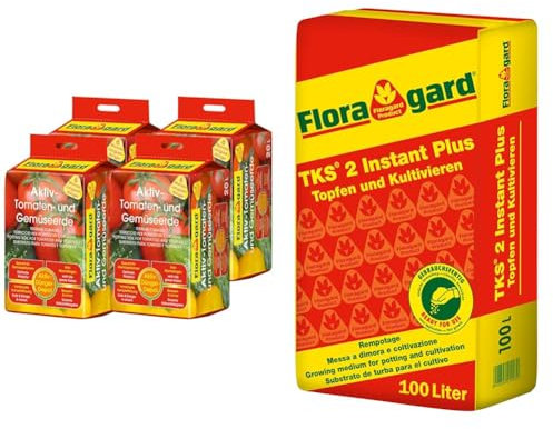 Floragard 4 x Aktiv-Tomaten-und Gemüseerde 20 Liter Blumenerde, erdfarben, 80 Liter & TKS 2 1 x 100 L - Universalerde für Gemüsepflanzen - Geheimtipp für Chilipflanzen - auch für Grünpflanzen