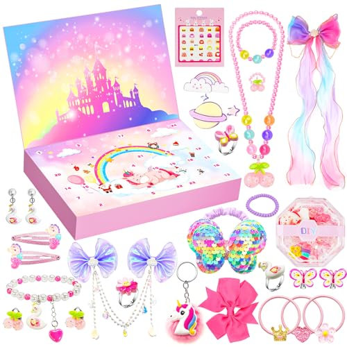 Adventskalender 2024 Kinder Mädchen Weihnachten Countdown Kalender Mädchen Haarschmuck Halsketten DIY, 24 Füllung Adventskalender Schmuck Spielzeug Weihnachtskalender für Mädchen 3-12 Jahre