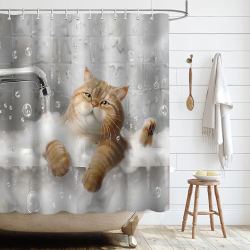 APROPHIC Rideau de Douche Chat 180 x 180 cm Rideau de Douche pour Enfant Animaux Motif Dessin Rideau Salle de Bain Imperméable Rideau Baignoire avec 12 Crochets (Gris)