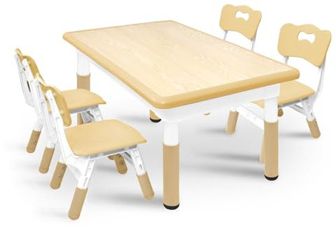 XMTECH Kindertisch mit 4 Stühlen, Kindersitzgruppe Höhenverstellbar, Kinder Tisch Stuhl Set für Klassenzimmer/Kindergärten, HDPE&ABS Kindermöbel für Kinder im Alter von 2-10 Jahren, Naturholzfarbe