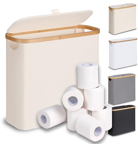 efluky 28L Toilettenpapier Aufbewahrung Korb mit Deckel, Bambus Toilet Paper Organizer Badezimmer Organizer, Klopapier Aufbewahrung für 9-12 Rollen Klopapier, Perfekt für Enge Räume (Beige)