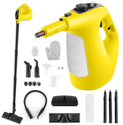 COSTWAY Nettoyeur Vapeur Portatif 1400W avec 14 Accessoires, Balai Vapeur Durée d'Utilisation Illimitée Réservoir d'Eau 400 ml, Nettoyant Vapeur pour Canapé Vitre Plancher Tapis Rideaux (Jaune)