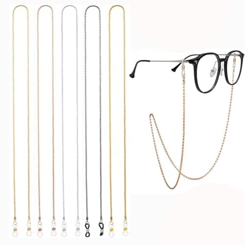 Wxinsheng Chaîne de Lunettes,5 PCS Chaînes de Lunettes pour Hommes et Femmes,Acier Inoxydable Chaîne Cordon,Chaînes de Lunettes de Soleil Tendance à col Rond,pour Lunettes de Soleil,Lecture et Masque