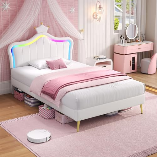 3ft Single Bed Frame Upholstered Platform Bed with LED Adjustable Crown Shape Headboard, Wood Slat Support, No Box Spring Needed, PU Leather Youth Beds for Adults Kids Teenagers, Cream White,90x190cm