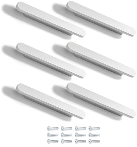 Poliplast – Set da 6 Maniglie, Design lineare moderno, per Cucina, Armadio e Cassetti, Verniciato a mano, Colore Bianco, Art. 336B